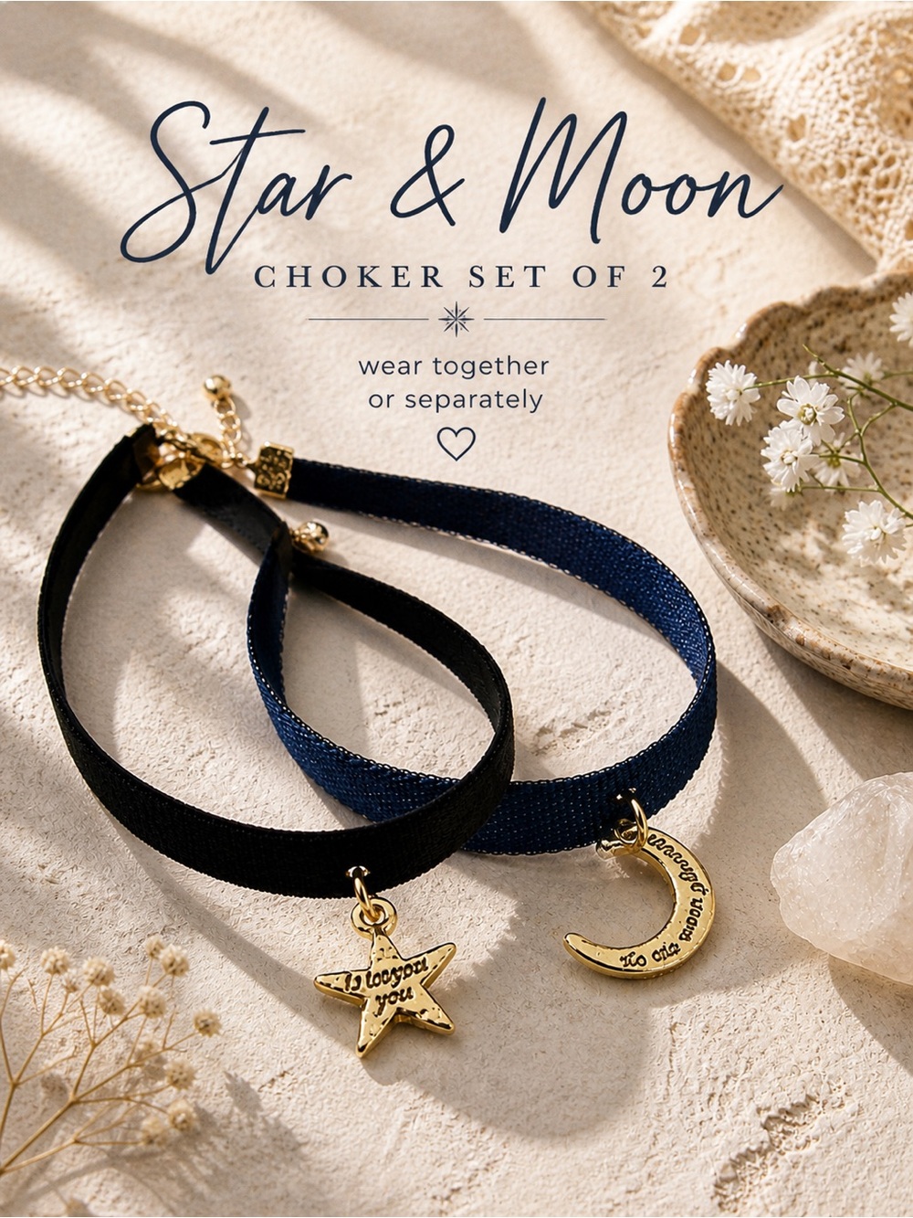 Star & Moon Choker Set Gold Charm Layered Necklace Black Blue Velvet